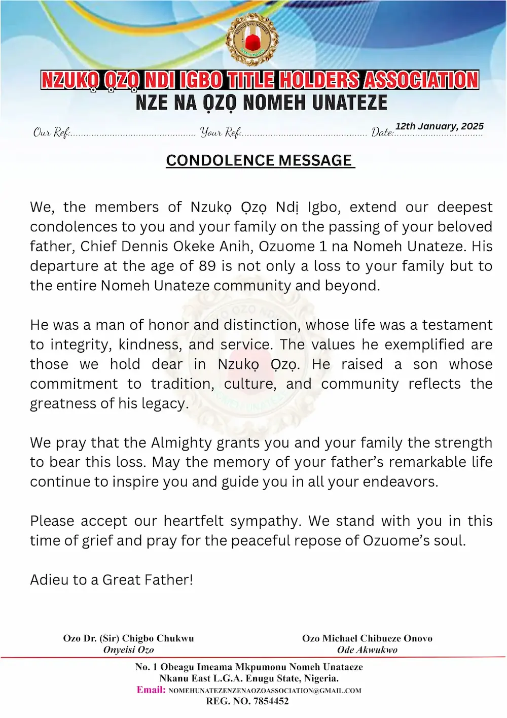 Condolence Message