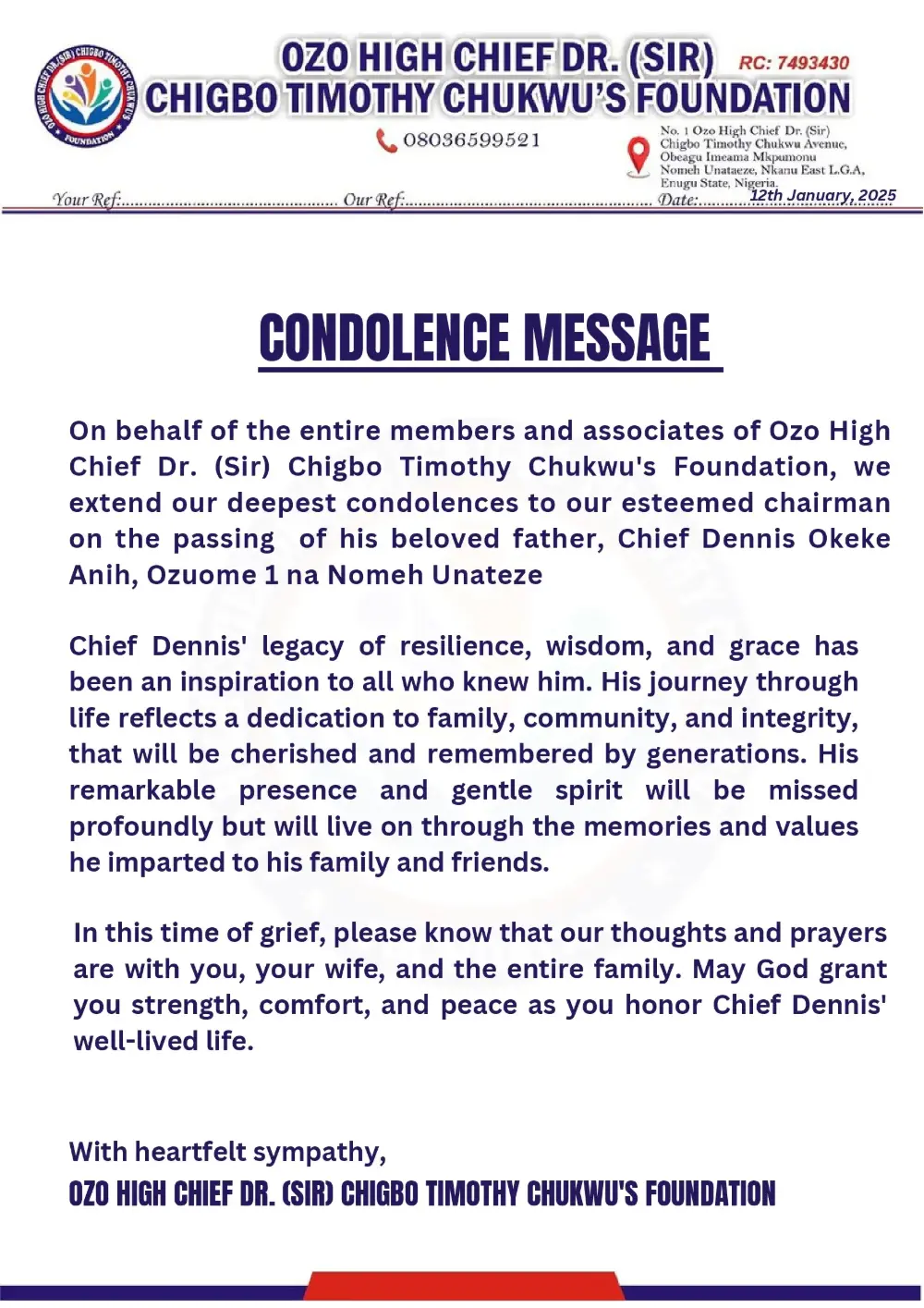Condolence Message