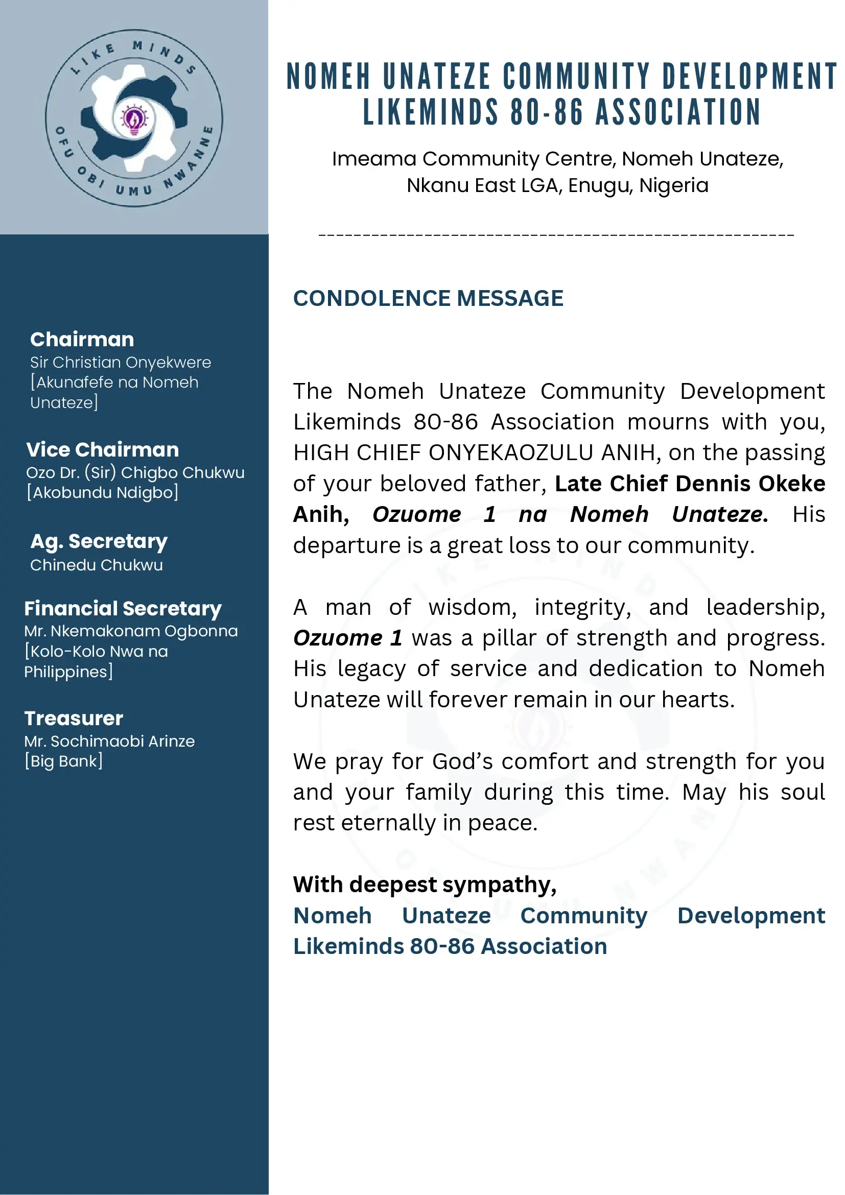 Condolence Message