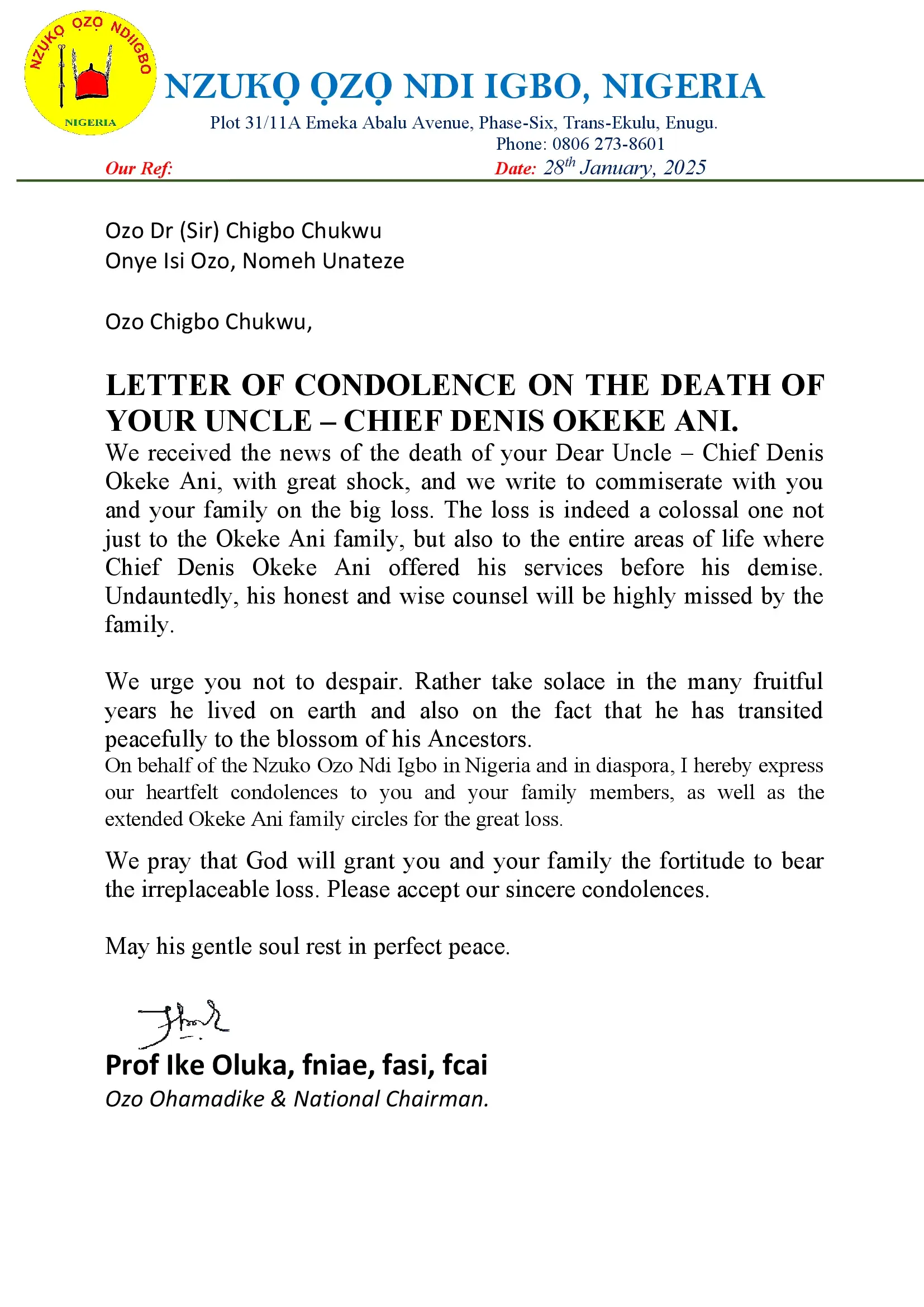 Letter of Condolence
