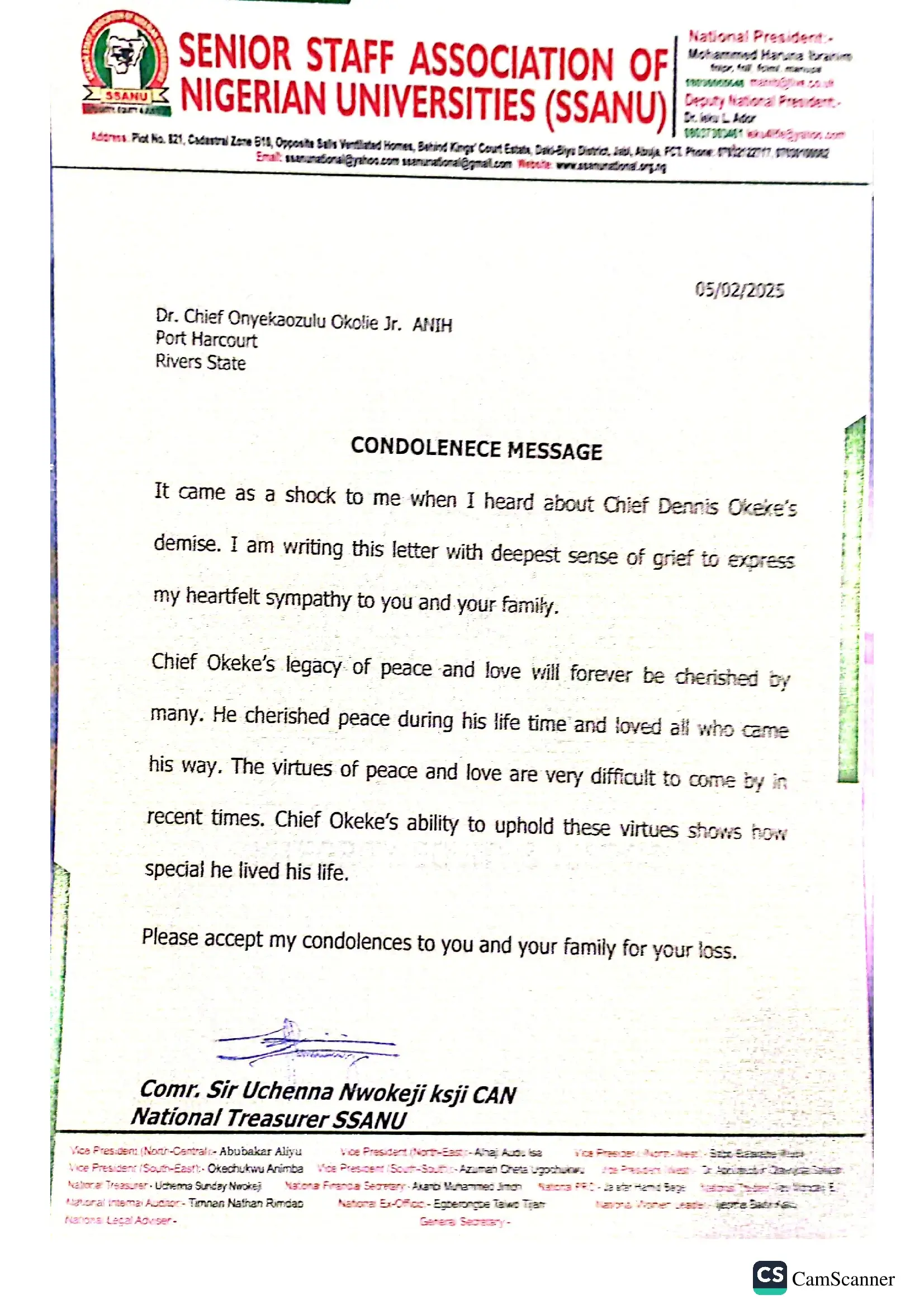 Condolence Message