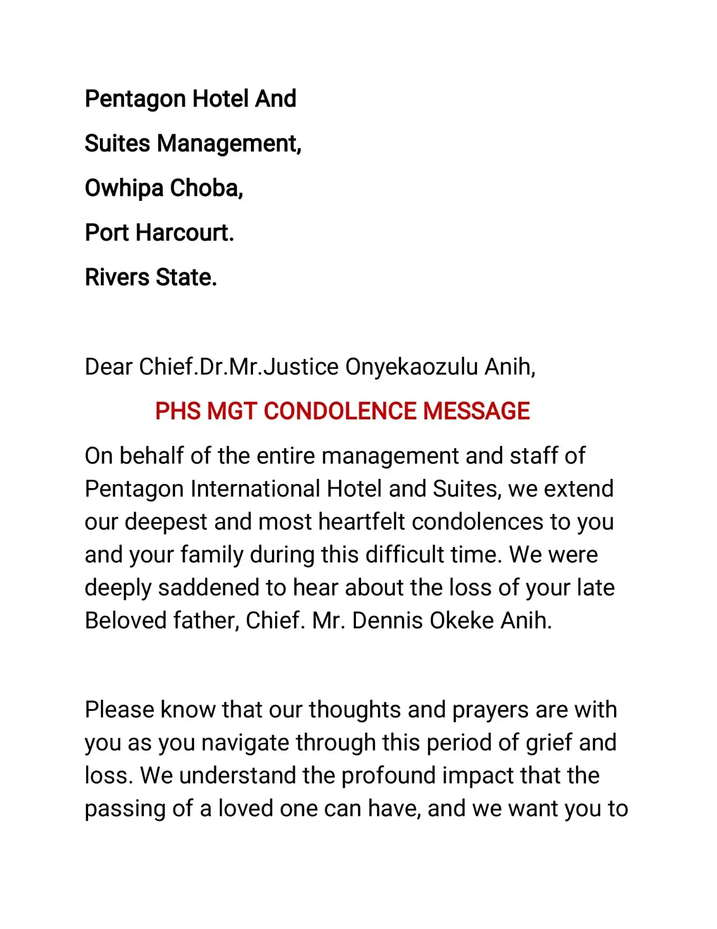 Condolence Message