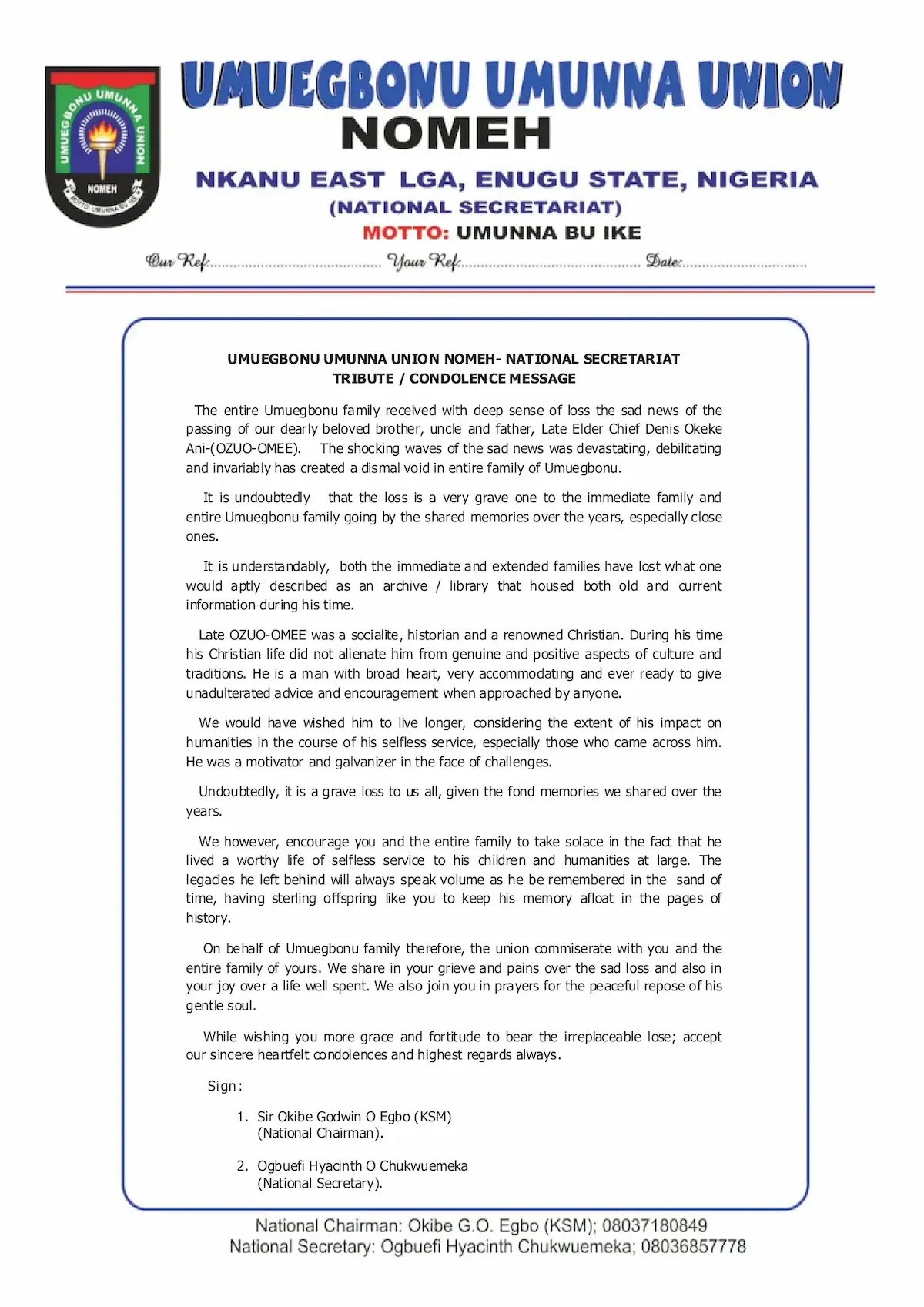 Tribute / Condolence Message